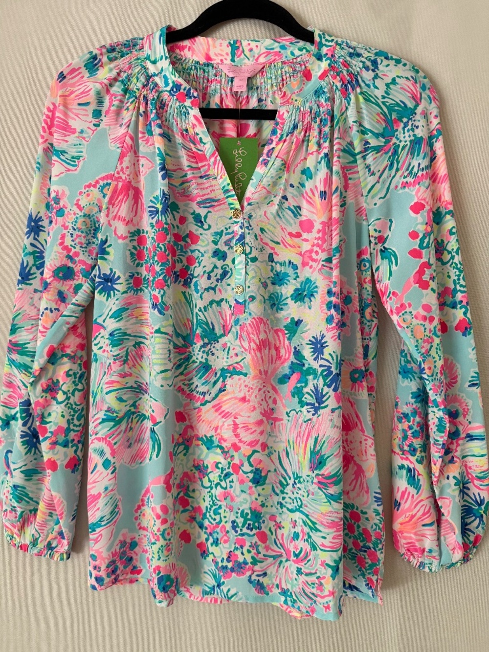 NWT Lilly Pulitzer Elsa Silk Blouse Serene Blue Gypsea Size XS